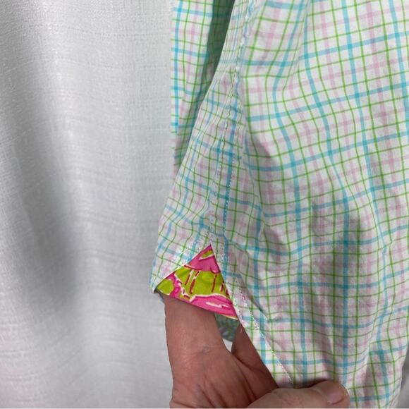 Lilly Pulitzer Pink&Teal Plaid Wyeth Mens Button Up Shirt Sz.M - Picture 6 of 10